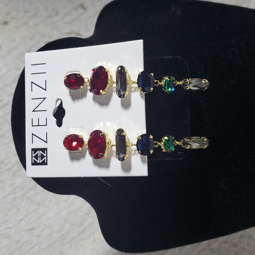 Zenzii Multi Colored Dangle Earrings Festive Holiday Stylish Faceted Glass Gold